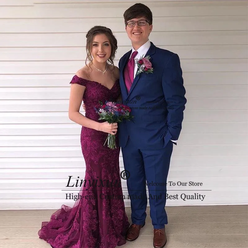 

Custom Made Pruple Lace Mermaid Long Prom Dresses 2021 with Appliques Off Shhoulder Sweep Train Formal Evening Party Gowns