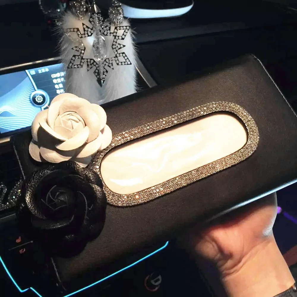 

Camellia Flower Crystal Car Tissue Box Holder for Sun Visor Leather Hanging Auto Sunshade Paper Towel Cover Cases Car Accessorie