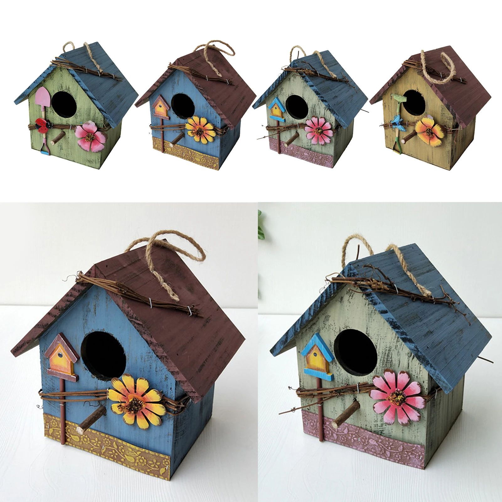 

Decorative Bird House Hanging BirdHouse w/ Jute Cord Outdoor Garden Decor