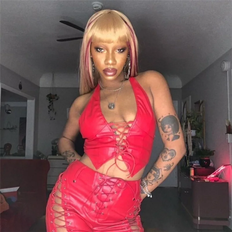 

Goth Dark Grunge Pu Black Lace Up Gothic Halter Tops Punk Faux Leather Women Hollow Out Sexy Camis Fashion Streetwear Crop Tops