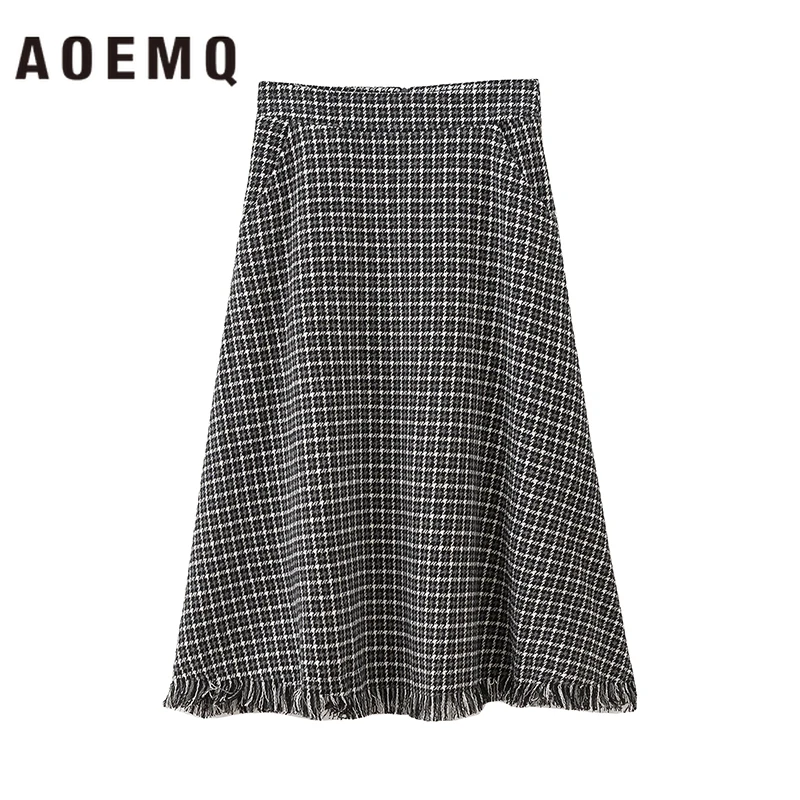 Женская Теплая юбка AOEMQ серая клетчатая с бахромой и карманами на зиму