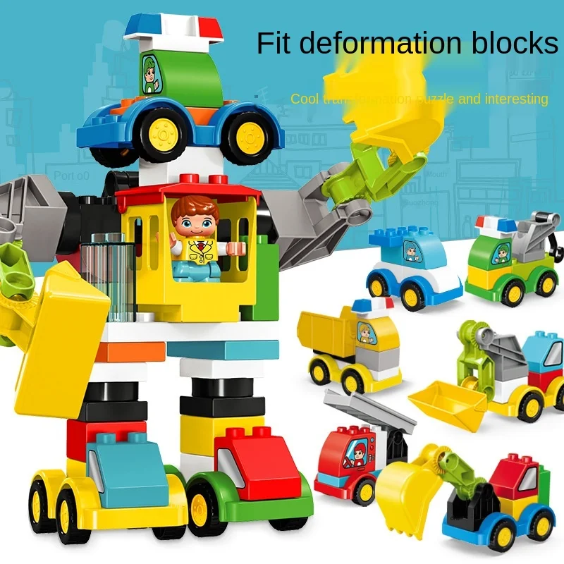 

49Pcs DIY Excavator Crane Transform Robot Car Building Blocks Compatible Duploe City Constructions Vehicles Toys For Children