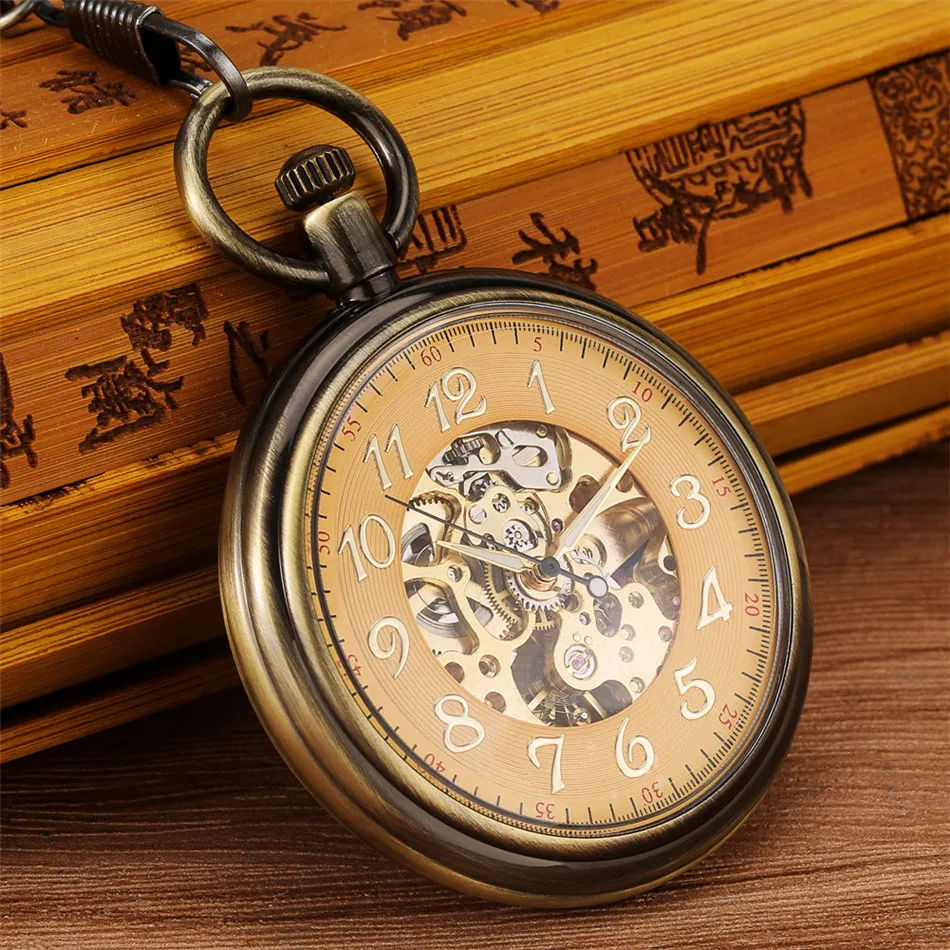 Reloj de bolsillo mecánico automático para hombre, accesorio masculino con colgante de Bronce Antiguo, de cuerda automática, dorado y transparente