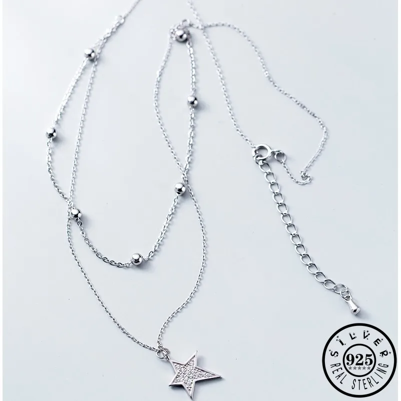

925 Sterling Silver Cubic Zirconia Irregular Star Pendant Statement Double Layer Chain Party Chokers Necklaces Jewelry for Women