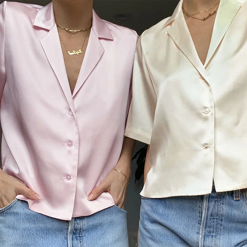 Женский атласный костюм с коротким рукавом однотонная элегантная шелковая