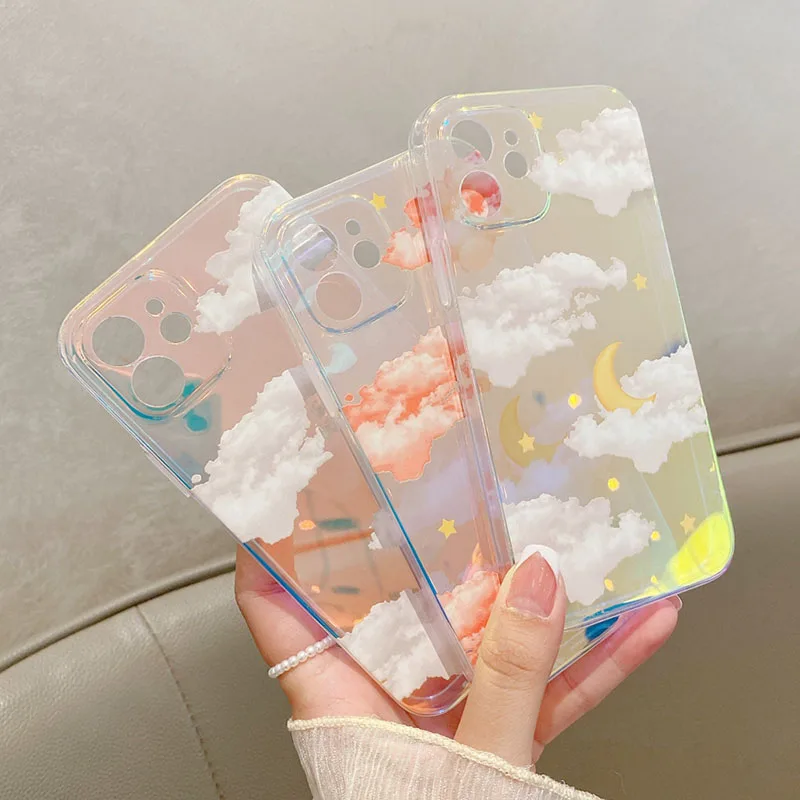 

Cute Moon Stars Clouds Patterns Phone Case for IPhone 12 Mini 11 Pro Max 7 8 Plus X XR XS SE 2020 Shell Luxury Laser Clear Cover