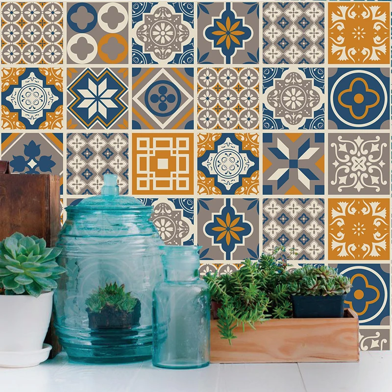

Customed Retro Tiles Wall Stickers for Bathroom Kitchen Tile Arab Style Vintage Square Self Adhesive Tile Sticker PVC Waterproof