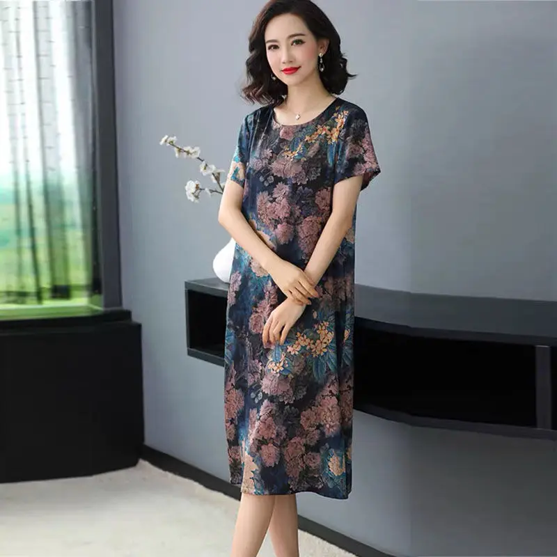 

Ice Silk Women's Runway Dress O Neck Short Sleeve Flower Printed High Waist Plus Size Fashion Casual Holiday Beach Dresses Y320