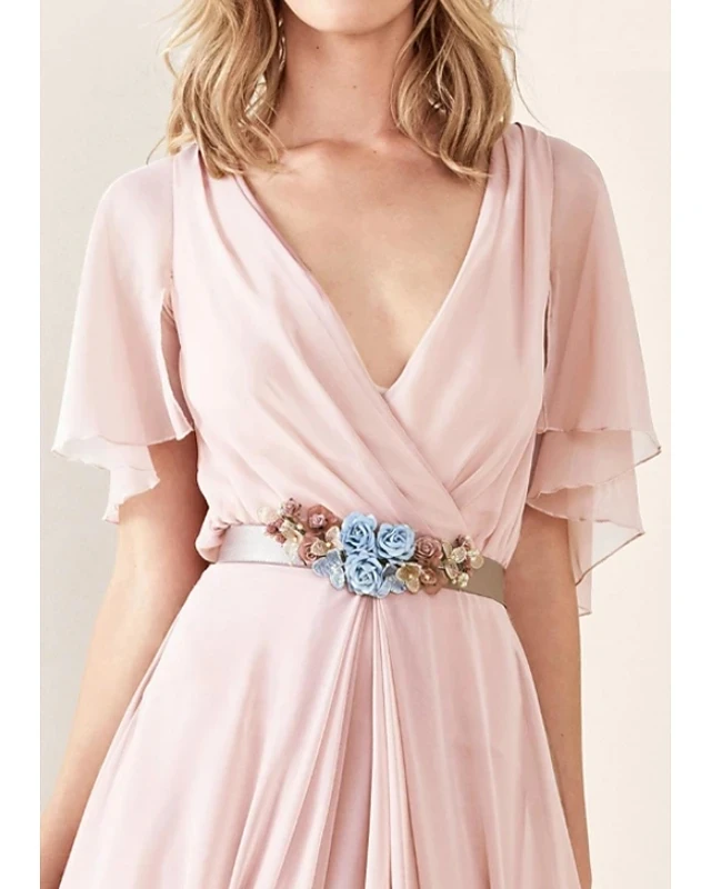 

robe de soriee Pink Plunging Neck Short Sleeve Elegant Formal Evening Dress Sweep Train Chiffon Prom Gowns vestidos de noiva