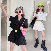 fashion teen girls suit sets 2021 high quality blazer jacket and shorts two pieces black white color summer childrens costumes