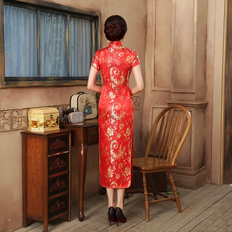 

Chinese Style Mandarin Collar Cheongsam Elegant Lady Red Mid The Calf Qipao Sexy Slim Vestidos Novelty Flower Dress Vestidos