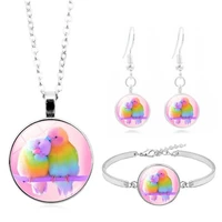 lovebirds art photo jewelry set cabochon glass pendant necklace earring bracelet totally 4 pcs for womens girl fashion gifts
