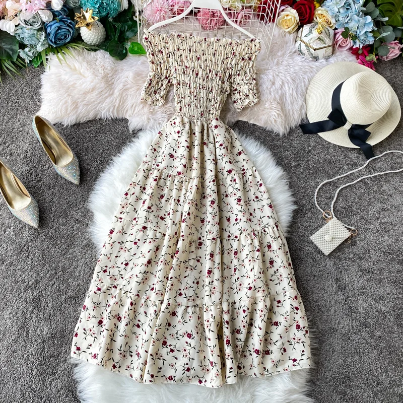

Summer New Arrival Floral Pattern Slim Dress Casual Short Sleeve High Waist Dresses Female Sexy Slash Neck Holiday Party Dresses