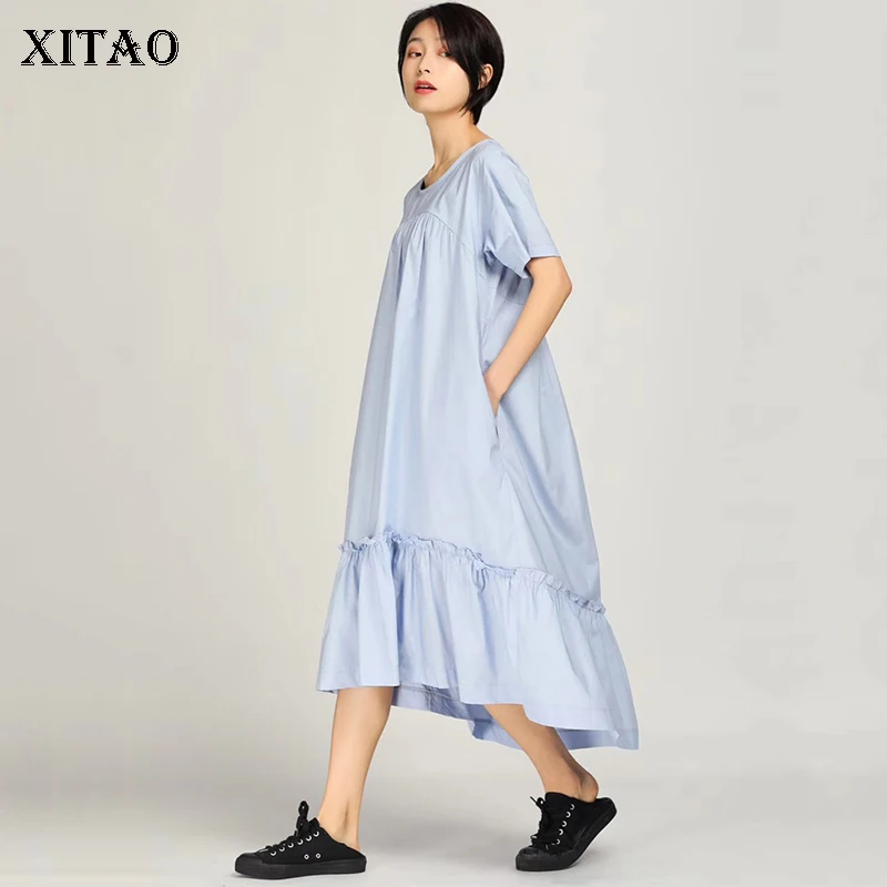 Женское Повседневное платье XITAO однотонное до середины икры с О-образным вырезом