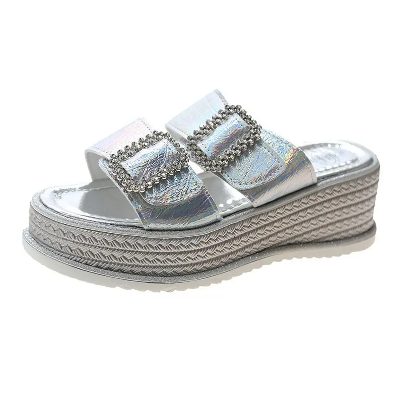 

House Slippers Platform Female Shoes Slides Women Heels Fashion On A Wedge Soft 2021 Summer High Luxury PU Fabric Rubber