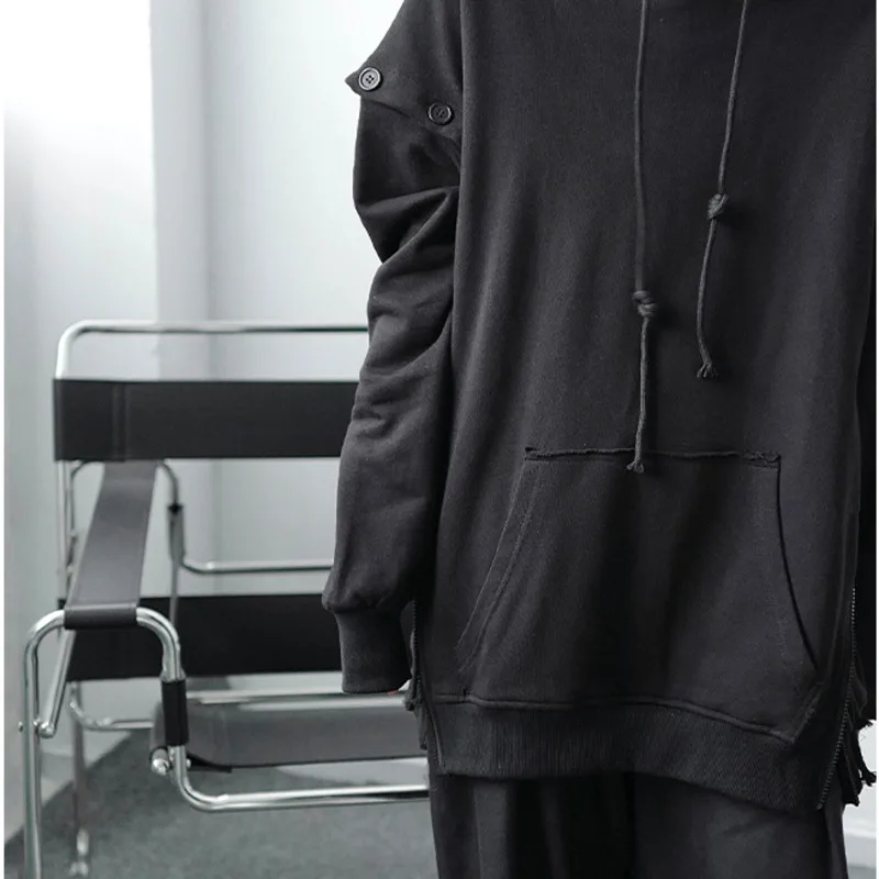 

IEFB / Autumn Oversized Black White Sweatshirts Male Niche Hooded Design Loose Big Size buttons Removable Long Sleeve Top 9Y4104