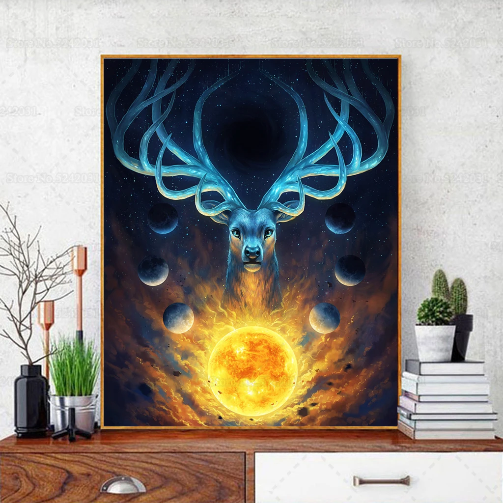 Алмазная 5D картина с животными оленем и планетами|Алмазная мозаика вышивка| |