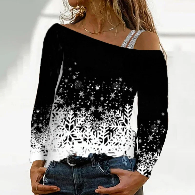

Женские блузки, Новинка осени 2021, топы с длинным рукавом и принтом в виде снежинок, повседневные пикантные лоскутные Футболки с косым воротн...
