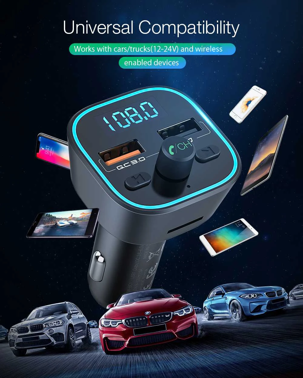 blitzwolf bw bc1 car wireless fm transmitter 18w qc 3 0 usb car charger rgb digital display wireless audio adapter music free global shipping