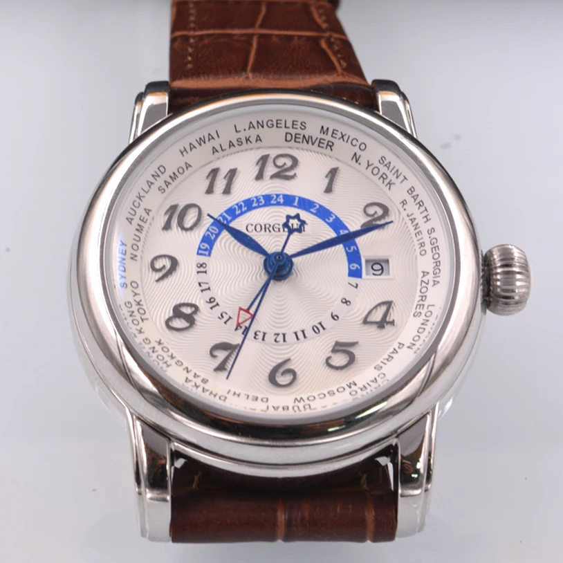 Corgeut 43 мм Роскошные брендовые механические часы кожаный топ Dual time zone GMT
