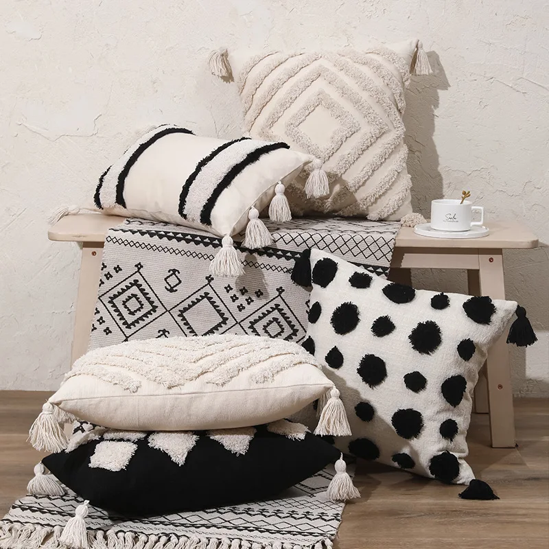 45×45 30×50 New Nordic Moroccan INS style Waist Car Sofa Cushion Pillow Family Home Decor Comforts Livingroom Boho Tassel Black