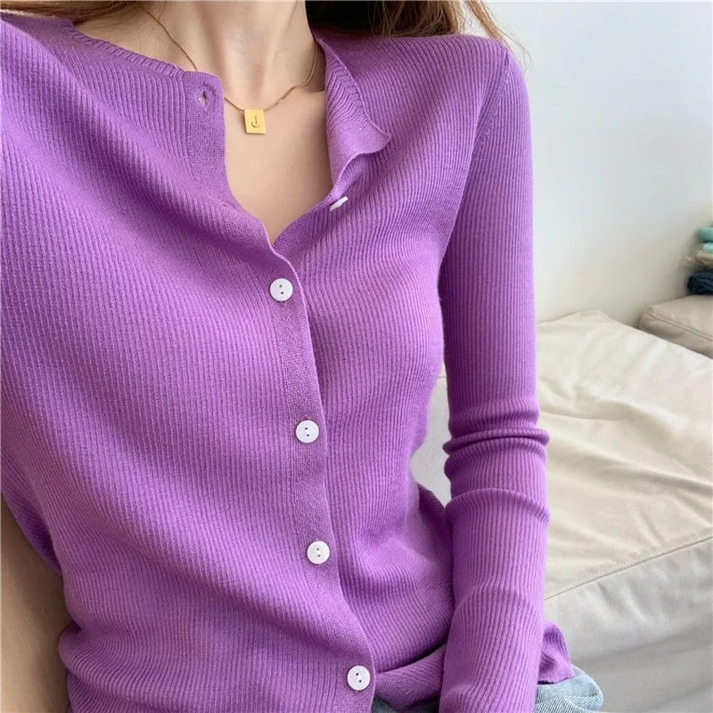 

Sweater Cardigan Women Sexy Slim Round Neck Popular Basic Buttons Female Elasticity Solid Color Korean Inside All-match Retro