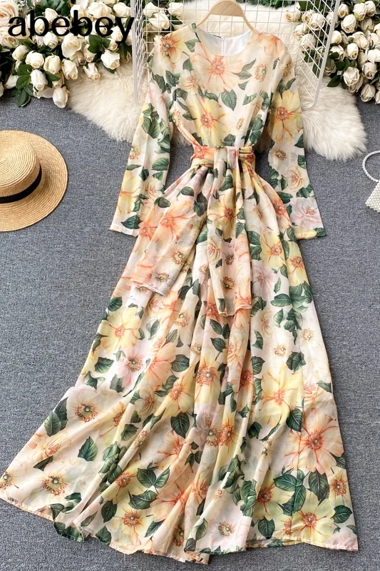 

Bohemian Print Long Dress Women Korean Retro Puff Sleeve V Neck Ruffles Dresses Autumn A-line Casual Holiday Dress