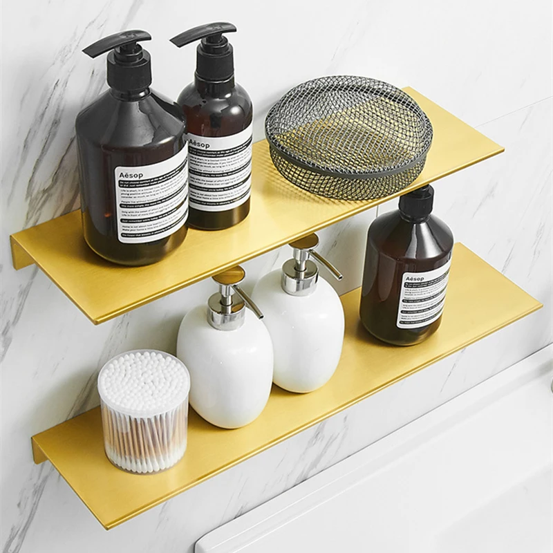 

Gold Aluminum Alloy Rectangle Wall Mounted No Drilling Bathroom Storage Rack Bath Shower Accesories Shampoo Organizer Container