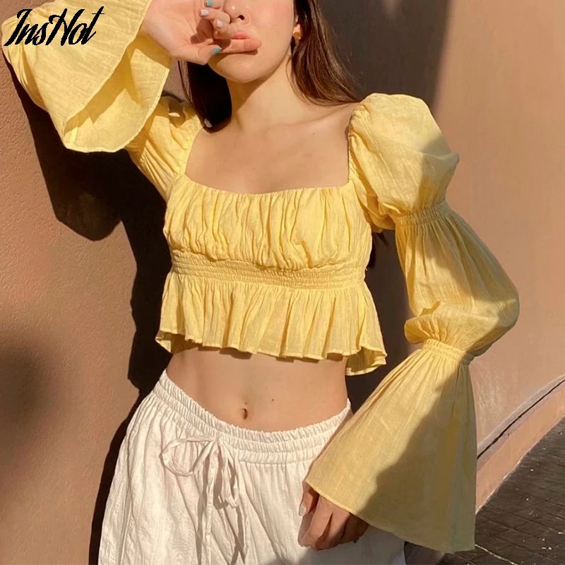 

Summer Women Casual Elegant Long Puff Sleeve Blouse Shirt Square Collar Solid Ladies Fashion Ruffles Slim Streetwear Crop Tops