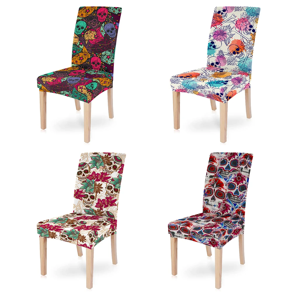 

Skull With Flowers Printing Spandex Stretch Office Chair Cover Removable Anti-dirty Seat Covers For Hotel Kitchen Dining Room