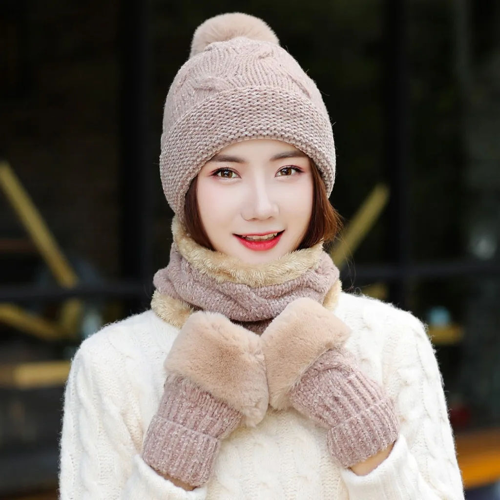 Hat Women's Winter Bib Gloves Three Piece Set Korean Casual Versatile Plush Lovely Chenille Knitted | Аксессуары для одежды