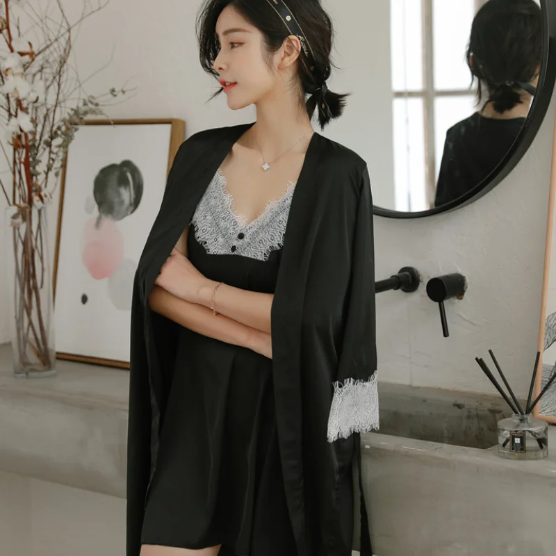 

Newest Women Summer Sexy Silk Lace Robe Gown Set Two-Piece Girls Slip Dress Nightgown Suit Long Sleeve Pajamas