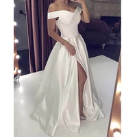 new design cheap elegant white long boat neck off the shoulder satin evening prom dresses 2021 ball gowns for women