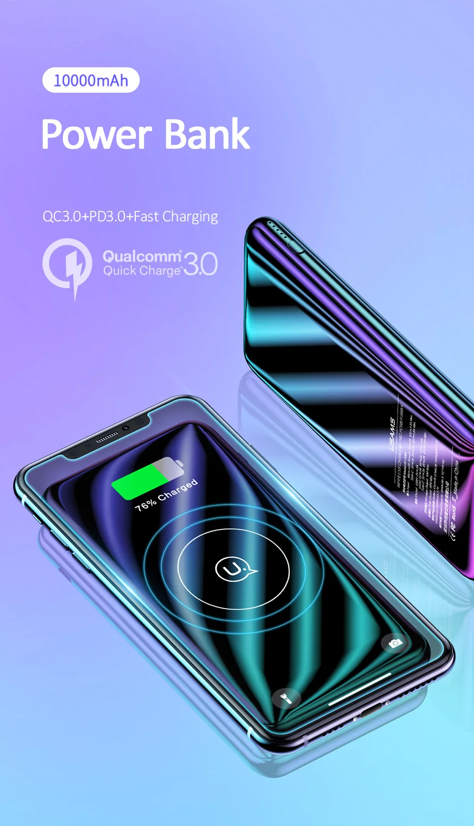 USAMS 10000 мАч Qi беспроводной внешний аккумулятор QC 3,0 PD3.0 Быстрая зарядка внешний аккумулятор портативный внешний аккумулятор для iPhone samsung Pover Bank