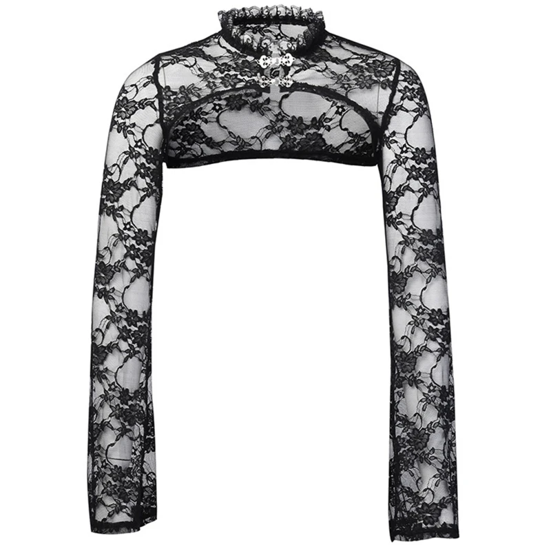 

Women Vintage Flare Long Sleeve Slim Bolero Ruffles Stand Collar Floral Lace Shrug Sexy Sheer Black Cardigan Crop Top