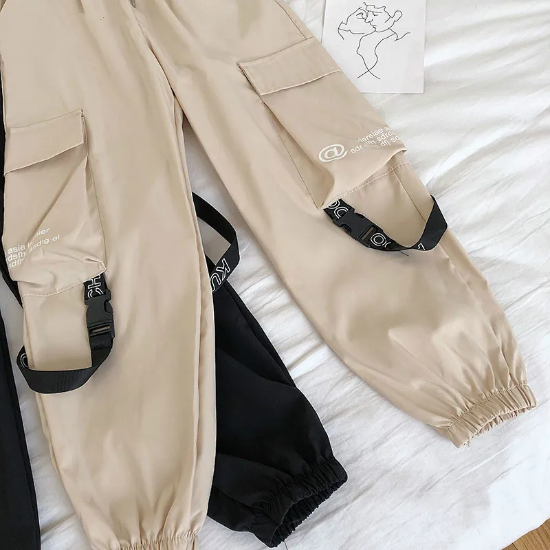 

Trousers Female Loose All Match 2021 New Fashion Hip Hop Streetwear Women Cargo Pants High Waist Pockets Ribbon