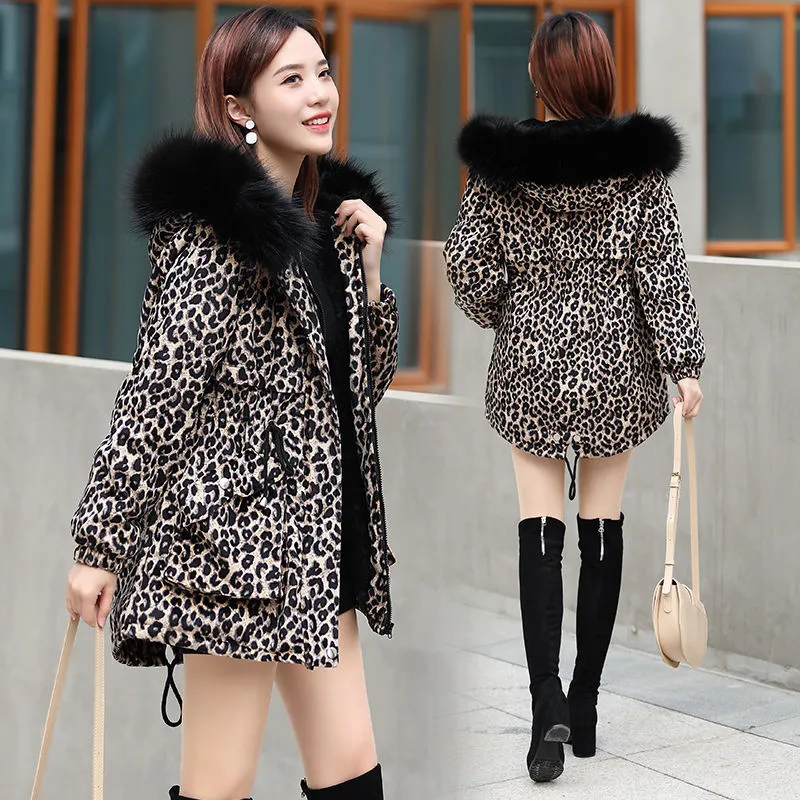 Winter Jacket Women Retro Casual Hooded Down Cotton Parka Coatwomen Leopard  Warm Cotton-padded Coat