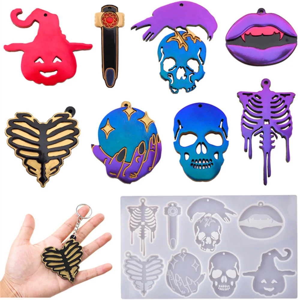 

Diy Epoxy Resin Mold Crystal Epoxy Halloween Finger Skull Skull Head Lips Mirror Silicone Mold Jewelry Key Chain Mold Tools