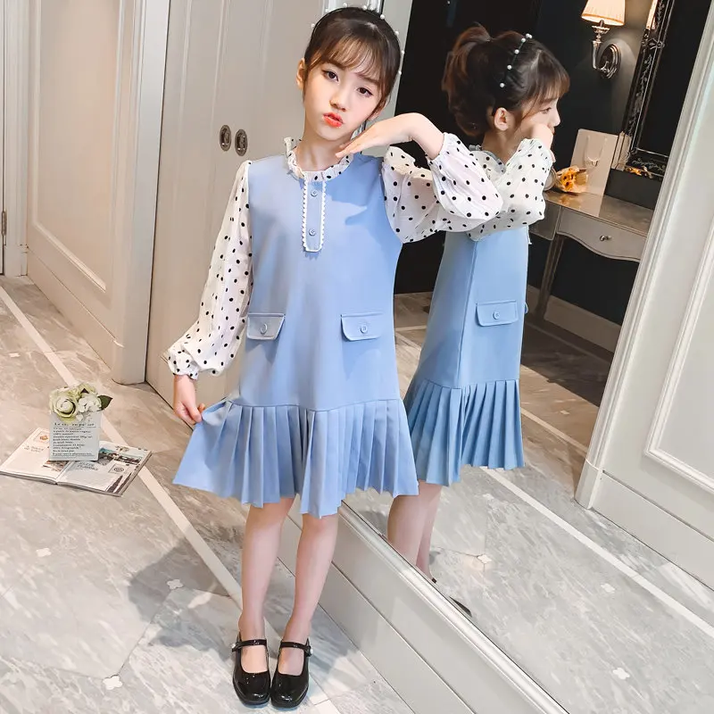 

2021 Spring Autumn Kids Dresses For Girls Long Sleeve Polka Dot Print Party Pleated Dress For Children Toddler Princess Costumes