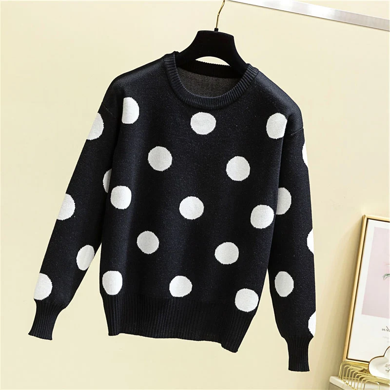 женский вязаный свитер в горошек SURMIITRO черный желтый джемпер с длинным рукавом