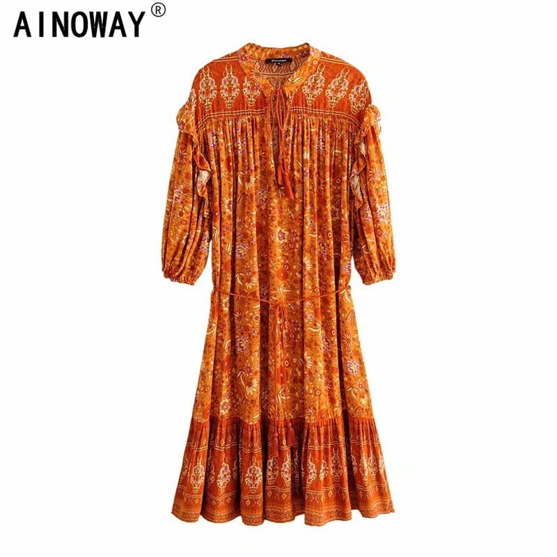 Винтажное шикарное женское оранжевое платье с цветочным принтом и рукавами