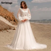 sevintage long puffy sleeves boho wedding dresses a line bridal gown dotted tulle princess wedding party gowns plus size