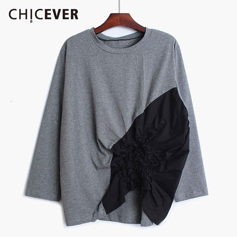 

CHICEVER Korean Patchwork Women's Shirt O Neck Long Sleeve Oversize Loose Casual Ruched Asymmetrical Blouse Female 2020 Fashion