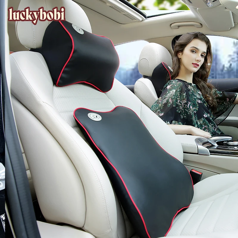 

Car Neck Pillow 1 Set Headrest Back Support Leather Cover Space Memory Cotton Car Vehicular Neck Pillow Auto Car Accessories