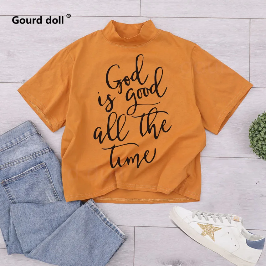 

High Neck women tshirt God is Good all the Time fashion yellow Short paragraph Bare belly tshirt for women Ladies Femme Harajuku