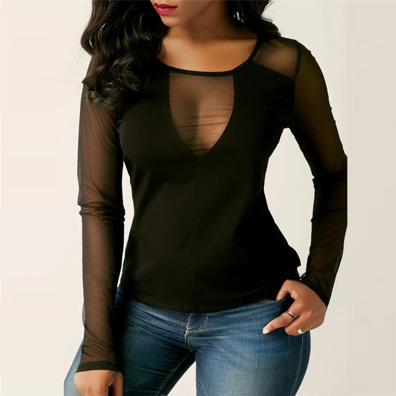 Сетчатые топы Женская Сексуальная футболка с длинным рукавом прозрачная