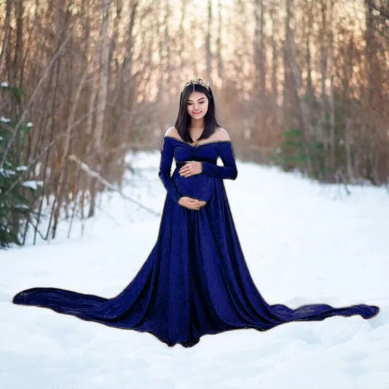 Беременности и родам с открытыми плечами v-образным вырезом платье Вельветовая