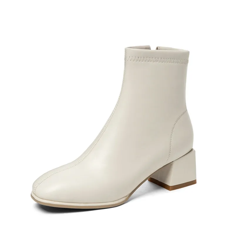 

ANNYMOLI Square Toe Ankle Boots Woman Boots High Heel Short Boots Zip Chunky Heel Ladies Shoes Autumn Winter Beige Large Size 43