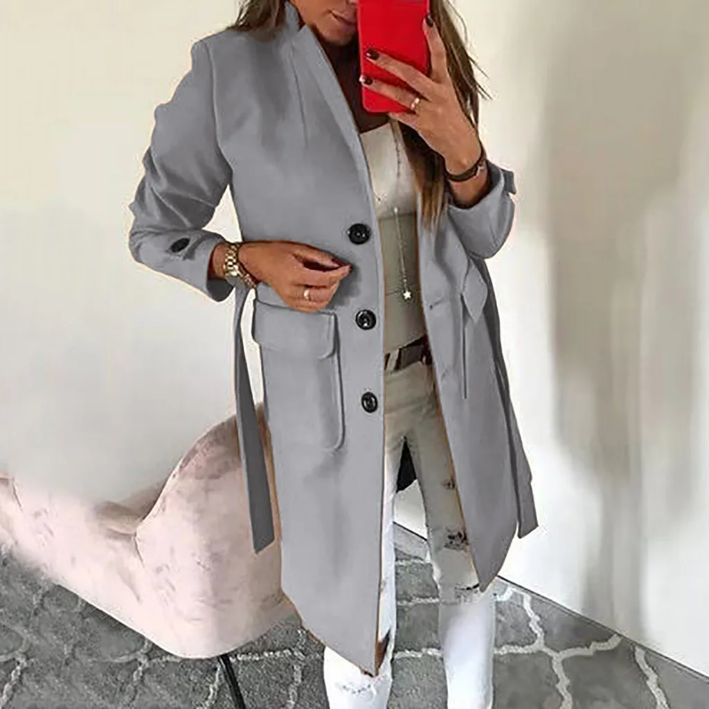Gray Womail пальто из искусственной шерсти для девочек элегантное однотонное приталенное Женское пальто на пуговицах размера плюс 5xl Повседневная теплая верхняя одежда с карманами - Цвет: Gray