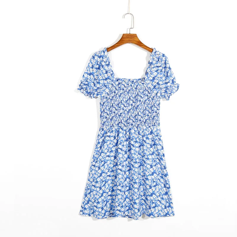 

Summer Women's Casual Floral Print Square Neck Short Sleeve Slim Dress Vestidos